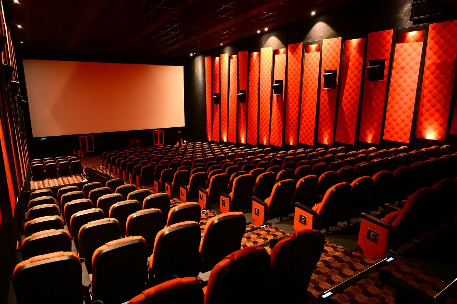 An acoustically treated Cineverse Multiplex auditorium